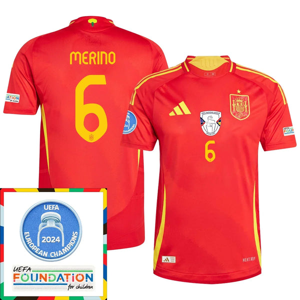 Mikel Merino #6 Camiseta Local España Fútbol Parche Campeones Euro 2024 - Hombre