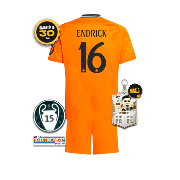 Conjunto Niños Real Madrid Segunda Equipación Naranja #16 ENDRICK 2024/25 + 5 REGALOS 🎁