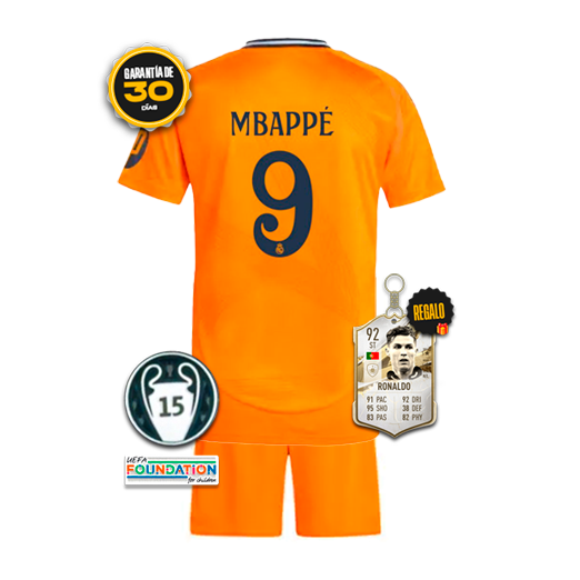 Conjunto Niños Real Madrid Segunda Equipación Naranja #9 MBAPPÉ 2024/25 + 5 REGALOS 🎁